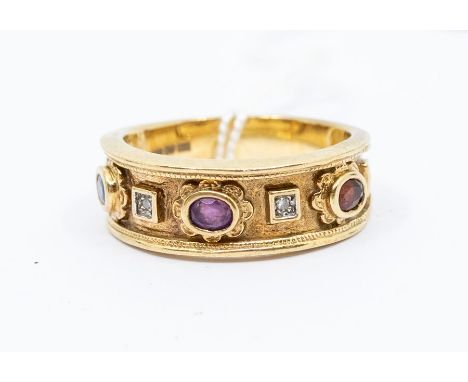 A 9ct gold stone set dress ring, comprising oval cut sapphire, ruby and amethyst with diamond accents, with fancy rope and be