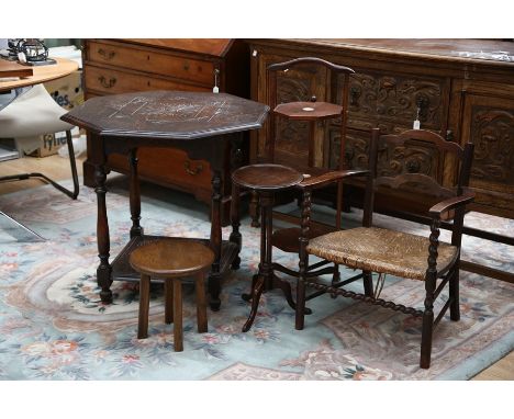 A collection of furniture, comprising oak octagonal table, mahogany tripod wine table, a rush seated ladder back chair, a sma