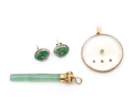 A collection of jewellery to include a pair of jadeite and diamond white metal stud earrings, circular design possibly 9ct wh