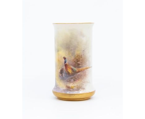 A Royal Worcester cylindrical spill vase, shape no: 2510, the body painted with pair of Pheasants in woodland, signed by Jame