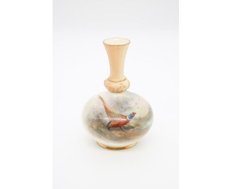 A Royal Worcester blush ivory vase shape no: G 779, the body painted with pheasant within landscape, signed by James Stinton,