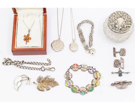 A collection of assorted silver jewellery comprising a chain, pendant necklace, enamelled bracelet, white metal filigree broo