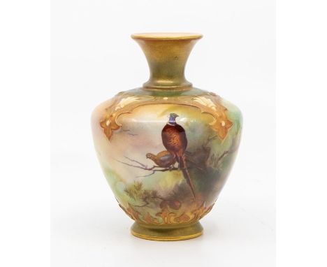 A Royal Worcester blush ivory vase, shape no: F112/H115.74, the body painted with perched Pheasants, green mark 1909, approx 