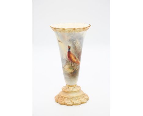 A Royal Worcester blush ivory trumpet shaped vase, shape no: 706 / G, painted with cock Pheasant with landscape, another phea