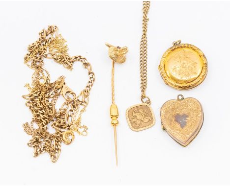 A 9ct gold pendant and quantity of 9ct chains a/f etc, total gross weight 13gms, together with two gilt lockets and yellow me
