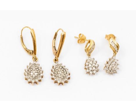 Two pairs of 9ct gold and diamond set drop earrings, comprising a pair with pearl shaped claw set diamond cluster drop to a g