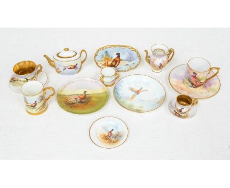 A group of modern hand painted ERB (E R Booth) Worcester china, all decorated with Pheasants to include:Miniature teapot; min