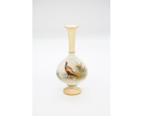 A Royal Worcester posy vase, shape no: 789/G, flared rim, the body painted with a cock Pheasant, unsigned, faded stamp to bas