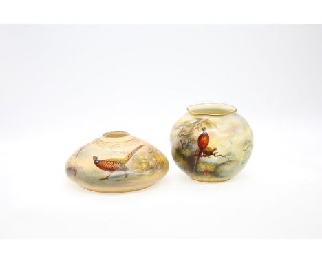 A Royal Worcester globular vase, shape no: G 161, the body painted with a pair of perched Pheasants, signed by F J Bray, blac
