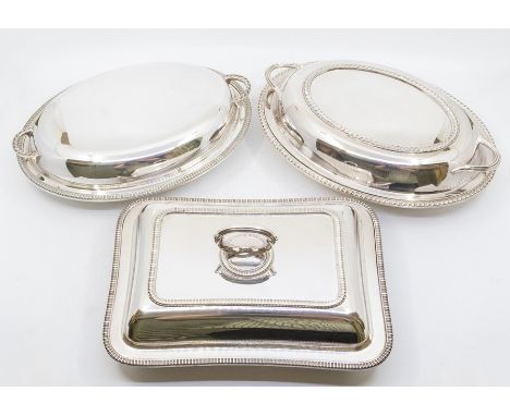 3 Electroplated tureens, 2 oval, one by Harrison Brothers &amp; Howson, Sheffield, one rectangular with detachable lid handle