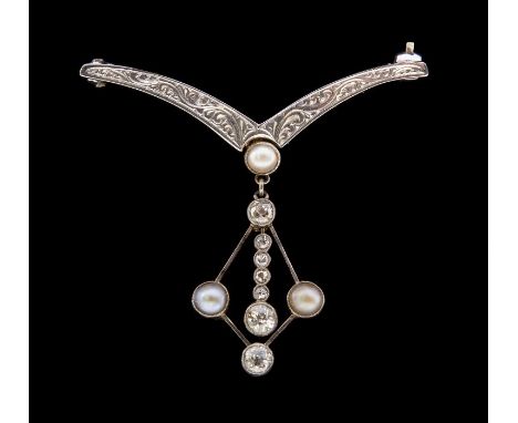 An Edwardian diamond and pearl set platinum and gold brooch, comprising an engraved wish bone shaped bar top engraved with sc