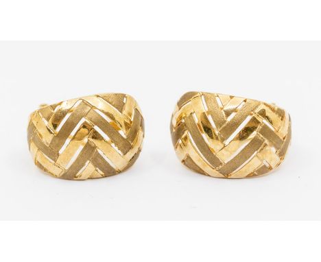 A pair of 9ct gold earrings with alternating chevrons of polished and matt gold, approx. 20 x 13mm, post and omega clip fitti