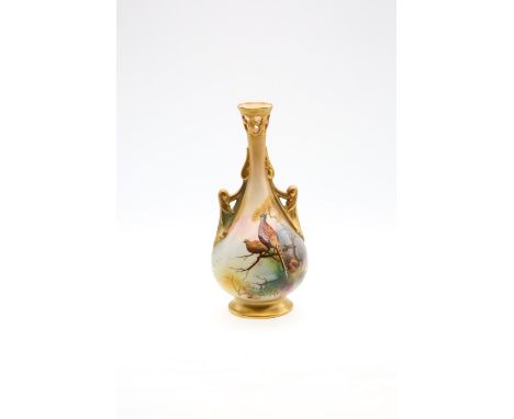 A Royal Worcester posy vase, shape no: H214, openwork flare rim, the body painted with a pair of perched Pheasants signed by 