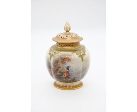 A Royal Worcester pot pourri and cover, shape no: 278/H, the body painted with a pair of Pheasants, signed by James Stinton, 