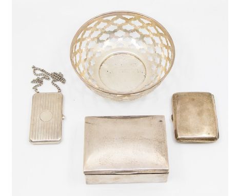 A collection of silver items to include a silver cigar box Birmingham 1918 maker A & J Zimmerman along with a pierced serving