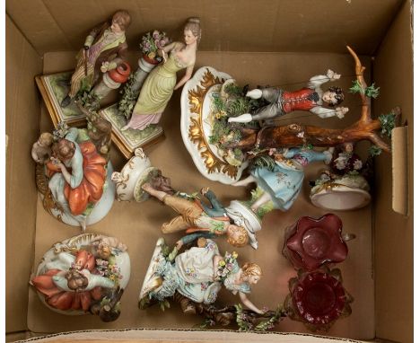 Collection of capodimonte figures, some AF, along with two ruby glass small vases.