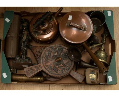 Collection of copper and brass to include: carriage clock (damage to the enamel), kettle, preserve pot, wooden bellows, Genes