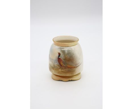 A Royal Worcester blush ivory vase, shape no: 991, the body painted with a Pheasant, signed by James Stinton, puce mark, date