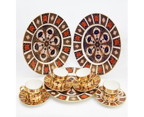 Two large Royal Crown Derby 1128 dinner plate with a medium, all 2nd quality, along with four 1128 coffee cans and saucers, a