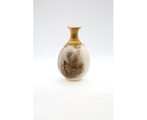A Royal Worcester posy vase, shape no: H283, gilt collar and stem, the body painted with a pair of Pheasants in landscape sig