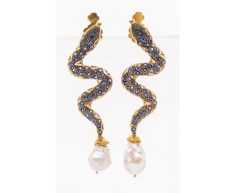 A pair of sapphire and fresh water pearl silver gilt drop earrings in the form of a serpent, the body pave set with round cut