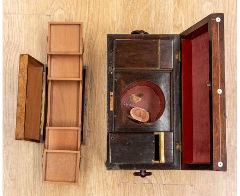 Walnut Trinket Box with concertina interior shelves along with a Victorian Rose mahogany tea caddy with mother of pearl inlay