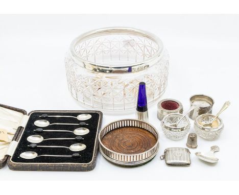 A collection of silver to include: a set of six George V cased set of coffee spoons, Birmingham, 1928;&nbsp; George V engine 