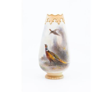 A Royal Worcester blush ivory vase, shape no: G1010, the body painted with Pheasants, one on the ground, the other in flight,