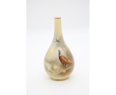 A Royal Worcester blush ivory posy vase, shape no: 151/G, the body painted with cock Pheasant, another pheasant in flight wit