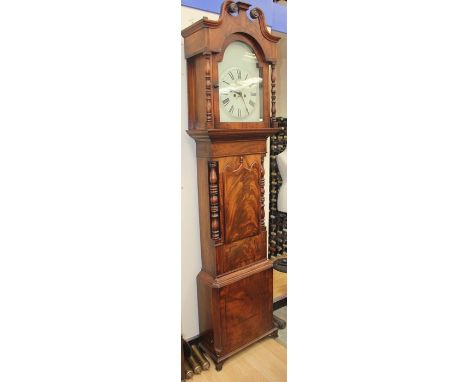 An early Victorian mahogany eight day longcase clock, circa 1850, the hood with a swan neck pediment, the hood door set betwe