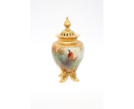 A Royal Worcester pot pourri and cover, shape no: H 277, the body painted with a pair of perched Pheasants, signed by R Austi