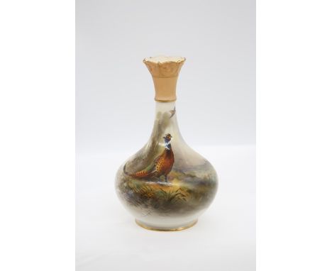 A Royal Worcester vase, shape no: G702, the body painted with Pheasant within landscape, signed by James Stinton, gilt height