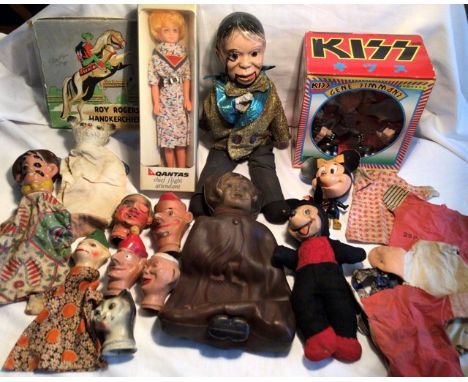 Puppet collection to include ventriloquist doll, hand/glove puppets, Quanras Air Stewardess doll, Kiss figure of Gene Simmons