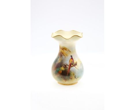 A Royal Worcester shape no: 2492 vase, flared rim, the body painted with a pair of Pheasants perched in a tree within landsca