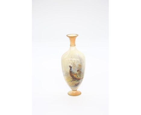A Royal Worcester posy vase, shape no: G790, similar painted Pheasant decoration, signed by James Stinton, date code circa 19