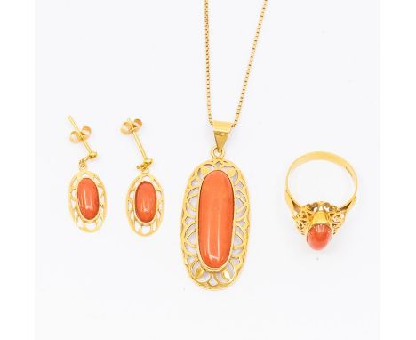 An 18ct gold and coral jewellery suite, comprising pendant, earrings and ring, the necklace set with an elongated oval coral 