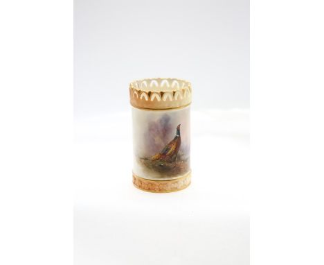 A Royal Worcester cylindrical vase, with pierced stylized border above body painted with a cock pheasant within landscape sig