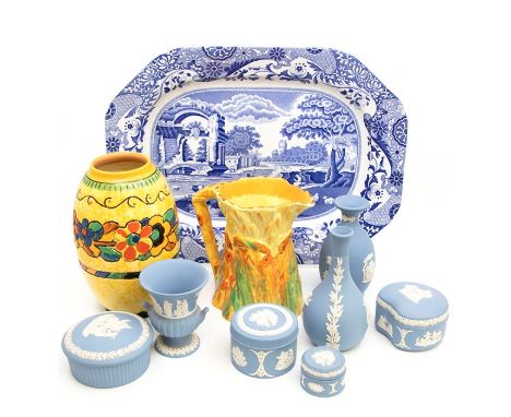 A collection of Wedgwood blue jasperware to include: two posy vase, campana shaped small vase, four various ring boxes and co