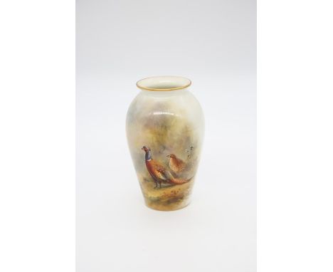 A Royal Worcester small vase, shape no: G461, body painted with pair of Pheasants, signed by James Stinton, puce mark, date c