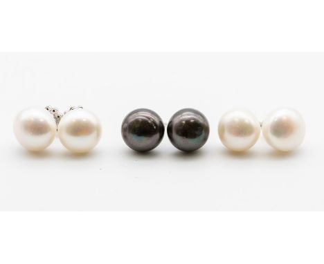 A collection of silver and cultured pearl earrings to include black and white pairs each approx. 12mm, on post and scroll fit