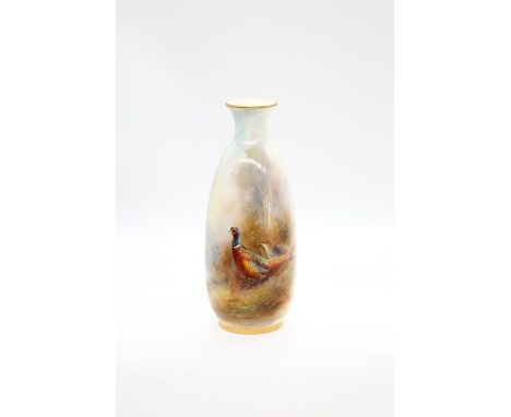 A Royal Worcester elongated vase, shape no: 2491, the body painted with a pair of Pheasants, signed by James Stinton, gilt he