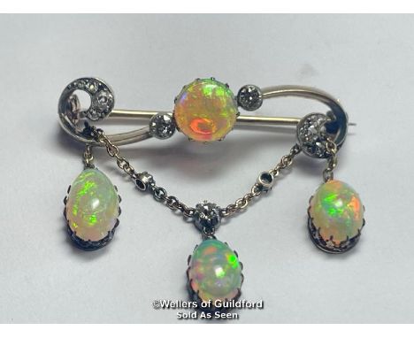 Late Victorian opal and old cut diamond bar brooch with opal and diamond chain, dangle drops the central opal measures 8mm in