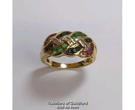 Diamond, sapphire, ruby and emerald knot ring in hallmarked 9ct gold. Diamond weight estimated as 0.10ct Ring size P. Gross w