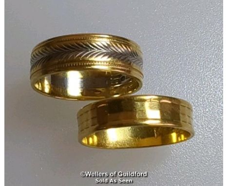 Two wedding bands. One hallmarked 22ct gold, London 1963, ring size M, gross weight 2.81g. The other hallmarked 18ct white an