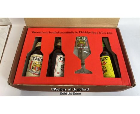 1970's Faust Lager gift set, including x3 275ml bottles and glass / Please see images for fill level and general condition. P