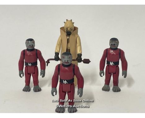Four vintage Star Wars 3 3/4" figures to include Tusken Raider GMFGI 1977 with cape &amp; weapon and three 1978 Snaggletooth 
