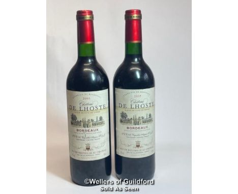Two bottles of Chateau De Lhoste 2005 Bordeaux, 750ml, 13% Vol / Please see images for fill level and general condition. Plea