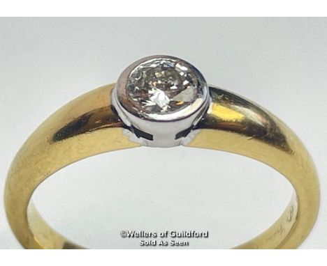 Diamond solitaire ring in hallmarked 18ct gold. Estimated diamond weight 0.23ct, colour J-K, clarity S1. Ring size L, weight 