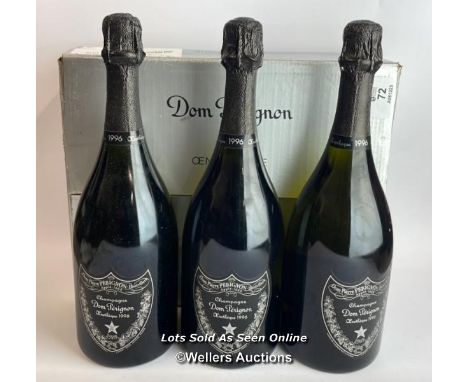 Three bottles of 1996 Dom Perignon Oenotheque, In original box / Please see images for fill level and general condition. Plea