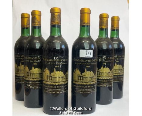 Six bottles of 1967 Villegeorge Chateau, Grand Cru Exceptionnel, 75cl, No vol indicated / Please see images for fill level an